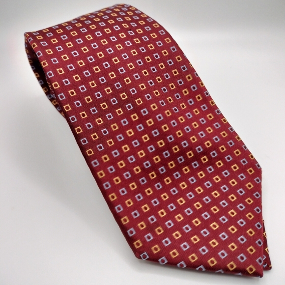 Tom James Silk Necktie Tie Elegant Red Geometric Square Patterned Fl Tall Man - Picture 8 of 11